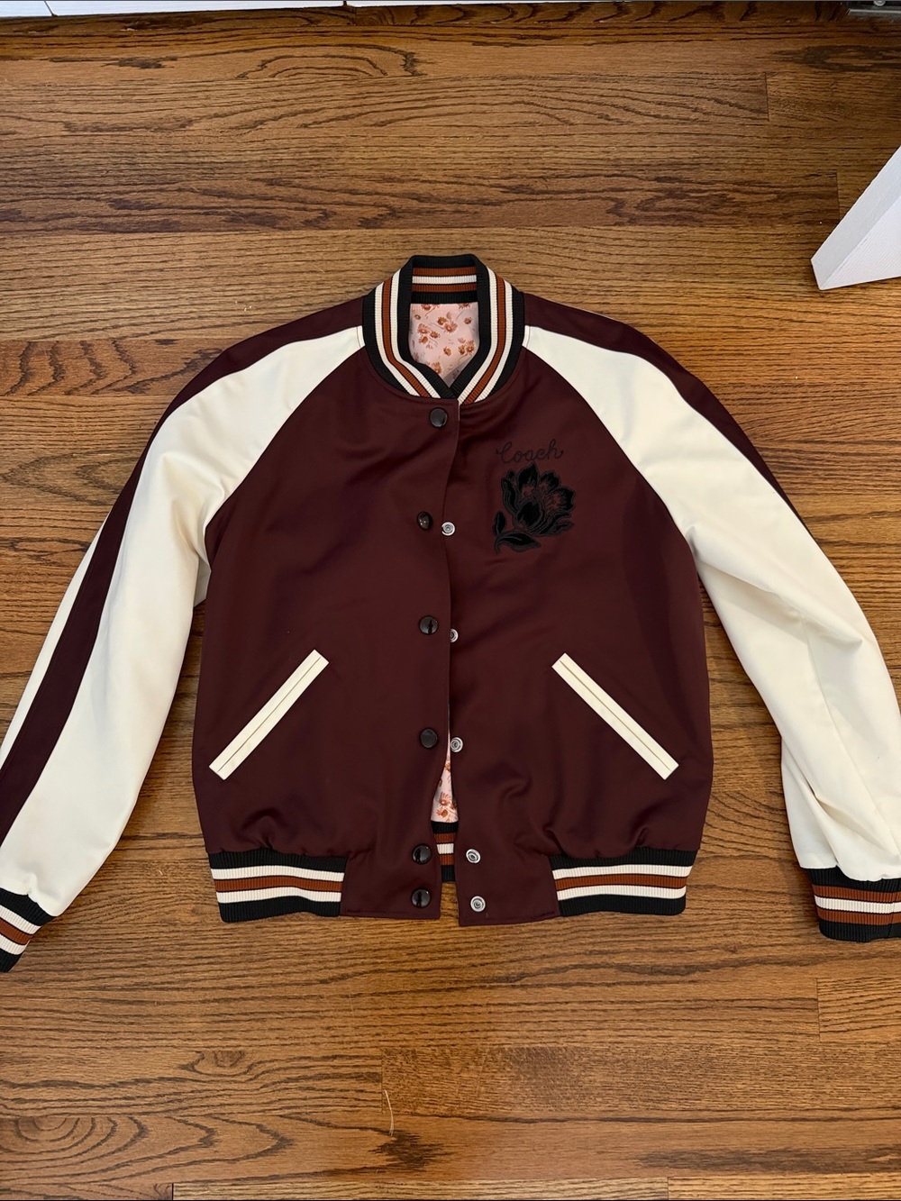 Coach Maroon and Cream Varsity Bomber Jacket